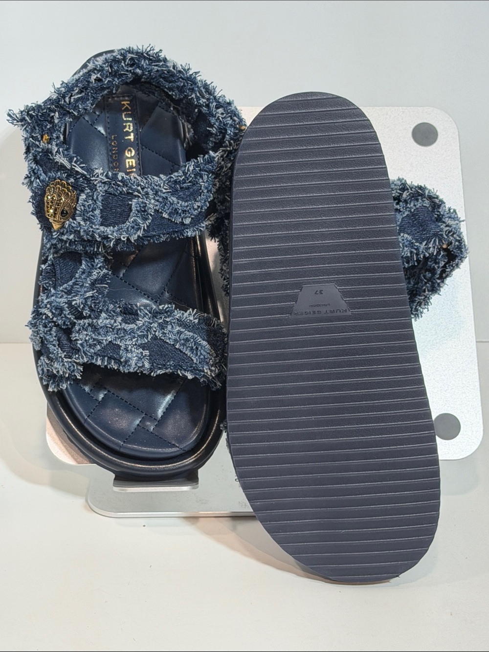 Kurt Geiger London Orson Frayed Navy Denim Eagle Head Quilted Platform Sandals - Picture 2 of 6